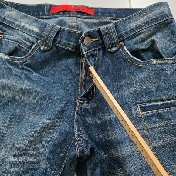 A Vintage HTM Hitomi Jean Mens 29x32 Blue Straigh Leg Japan Distressed Wiskering - Picture 8 of 16